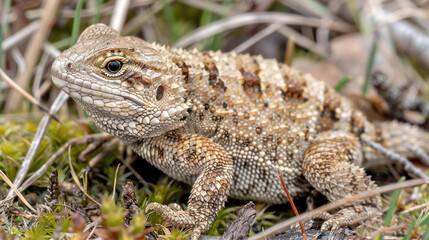 Sticker -   A macro image of a lizard surrounded by grass and weeds in front and back