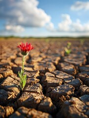 Canvas Print - Vibrant red flower blooming amidst an arid,cracked earth landscape with sparse green grass,showcasing the resilience of nature in the face of drought and challenging environmental conditions.