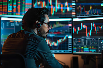 Wall Mural - Trader Looking at Computer Screen with Stock and Forex Charts