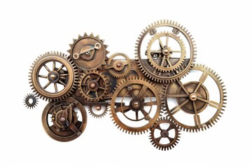 intricate steampunk clockwork display antique brass gears and cogs of various sizes interlocking rich patina on vintage mechanisms isolated on crisp white background for technical allure