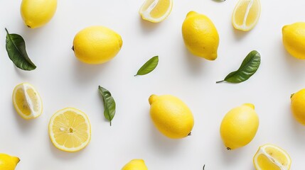 Poster -   Lemons with green leaves on a white background, some sliced from one lemon