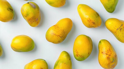 Canvas Print -   Mangoes in a cluster, resting on a white background with speckled brown markings