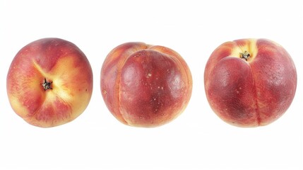 Poster -   Three peaches arranged on a white background with one sliced in two