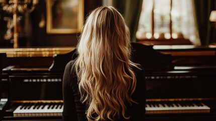 A woman with blonde hair is sitting in front of a grand piano