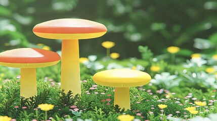 Canvas Print -   A cluster of golden fungi resting atop a verdant meadow neighboring a bed of yellow and magenta blooms