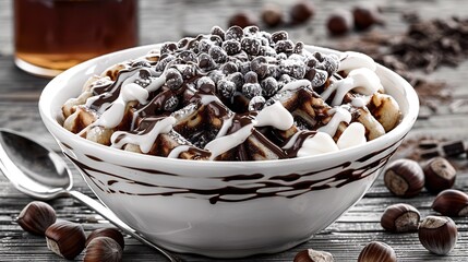 Sticker -   A bowl of chocolate, nuts, and ice cream sits on a wooden table alongside a cup of coffee