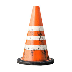 Worn orange traffic cone with white stripes and visible dirt marks