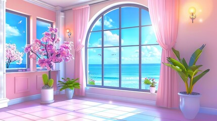 Wall Mural -   A spacious room featuring a sizable window, one potted plant, two potted plants