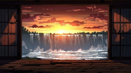 Wall Mural -  Waterfall view from a window, with sunset in the background and trees in the foreground, sunlight filtering through