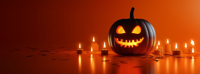 Halloween background with pumpkin and candles on orange background, banner design
