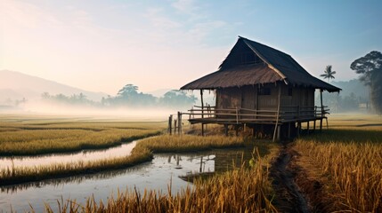 Sticker - Rice field morning with a hut