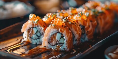 Poster - Salmon Sashimi and Salmon Cheese Roll Popular Japanese Delicacies