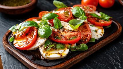 Poster - Traditional Italian food Caprese Salad. The dish features fresh tomatoes and mozzarella slices, topped with basil leaves and drizzled with olive oil and balsamic vinegar.