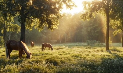 Wall Mural - Grazing horses in a sunlit meadow