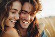 © Prasanth - Young happy couple hugging and laughing. Space for text. Close-up.