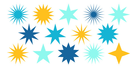 Wall Mural - various yellow blue stars collection. sunburst starburst icon collection. geometric star shape stick