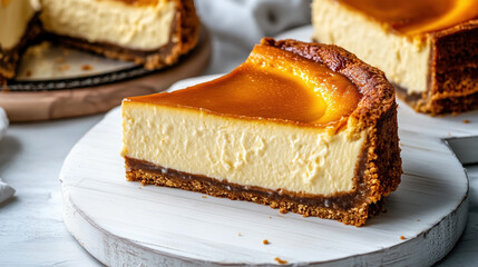 Sticker - Traditional American food Cheesecake. A rich, creamy slice with a caramelized top and graham cracker crust on a white wooden platter.