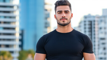 A handsome latin male model wearing an black t shirt modern city background empty space for text 