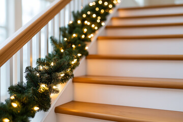 Sticker - Breathtaking Christmas staircase display with twinkling lights in a cozy home 