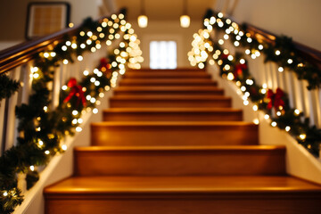 Canvas Print - Breathtaking Christmas staircase display with twinkling lights in a cozy home 