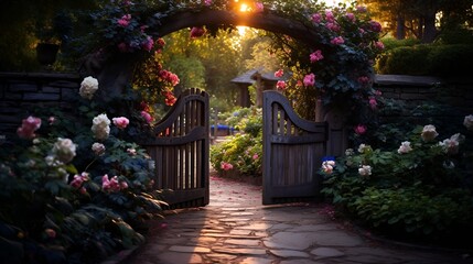 Canvas Print - a garden with a gate and flowers.