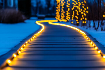 Canvas Print - Enchanted pathway with Christmas lights at home background with empty space for text 