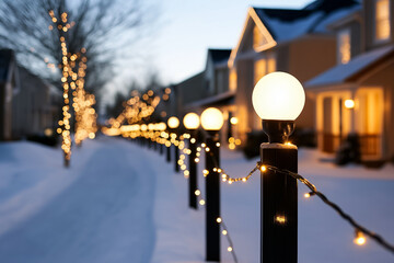 Canvas Print - Snow dusted neighborhood glows with warm shimmering Christmas holiday lights 