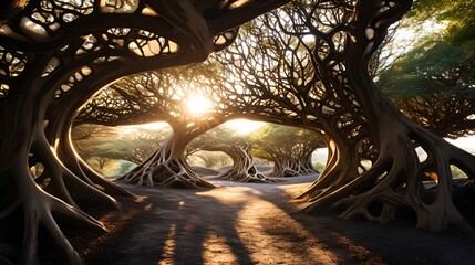 Poster - a sun shining through trees. 