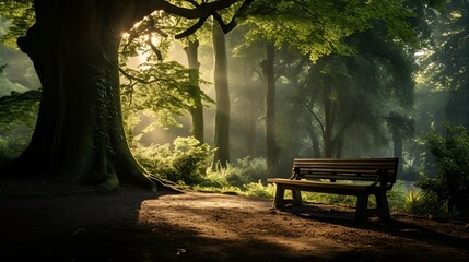 Wall Mural - a bench in a forest. 