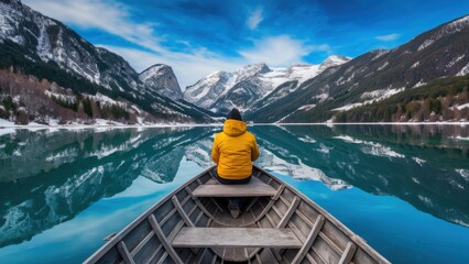 Poster - A person in a yellow jacket sitting on the back of boat, AI