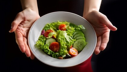 Wall Mural - A pair of hands holding a bowl of salad; black background; healthy bowl of salad; closeup view of a bowl of salad; diet and food