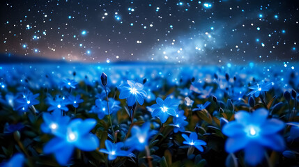 Wall Mural - a field of small luminous blue flowers under the night starry sky, blue, small, field, starry, luminous