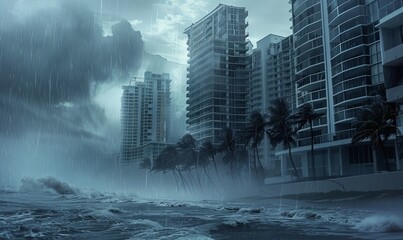 Wall Mural - Intense hurricane winds and torrential rain battering coastal buildings