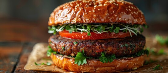 Wall Mural - Delicious Vegan Burger with Sesame Seed Bun