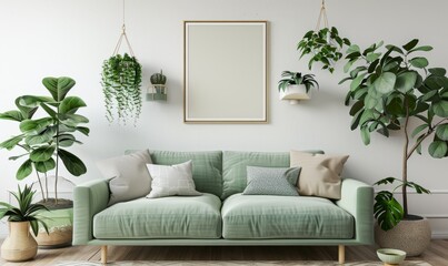 Wall Mural - Mockup frame poster hanging on a white wall above a light green sofa, surrounded by various indoor plants in a cozy living room setting