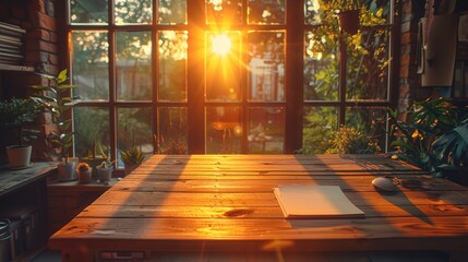 Canvas Print - Sunlit Wooden Table Near a Window