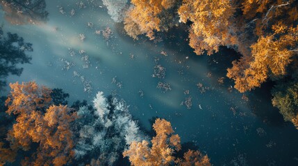 Wall Mural - Aerial View Of a River bank And autumn trees.