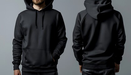 Blank black hoodie mockup, front and back view.