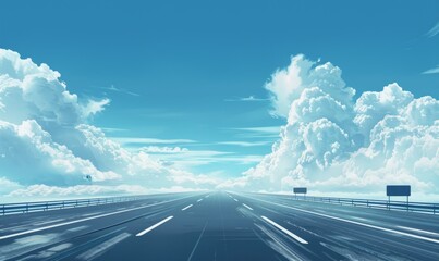 Poster - This is an image of a straight highway road with clouds. The image is an illustration of motorway advertising. The image shows a bending road, road signs.