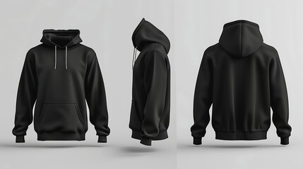 Blank black hoodie mockup, front and back view.