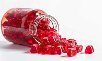 Canvas Print - Red gummy candy in plastic bottle on white background.