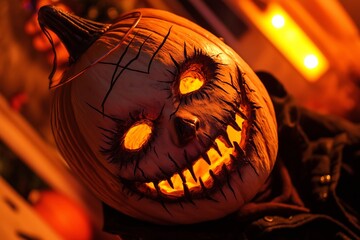 Wall Mural - Glowing halloween pumpkin with a stitched mouth in the dark, creating a spooky and festive atmosphere