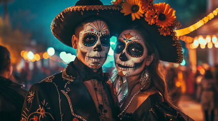 day of the dead celebration, couple with traditional face paint and colourful costumes at festival o