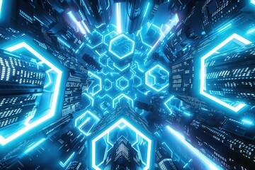 Wall Mural - futuristic cityscape with glowing blue hexagonal structures neon lights and intricate patterns create a mesmerizing hightech urban environment