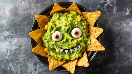 Guacamole served as monster with nachos. Halloween party dish.