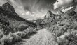 © Galina - A monochrome snapshot of a gravel path amidst rugged peaks, rocky terrain, and lush foliage