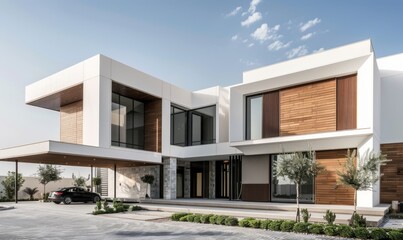 Wall Mural - a modern villa in Dubai, with white walls and wood accents on the windows, a simple design, a carport on the left side