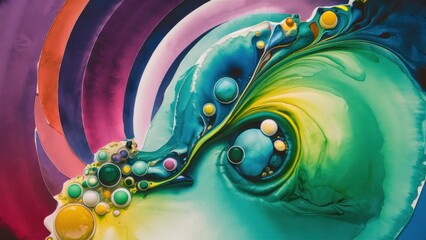 Sticker - A colorful painting of a swirl with bubbles and other objects, AI