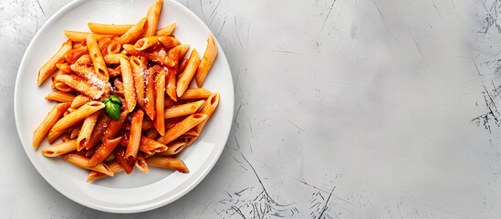 Wall Mural - Top view of penne pasta in red sauce on a white plate against a light grey slate or concrete background, providing a copy space image.