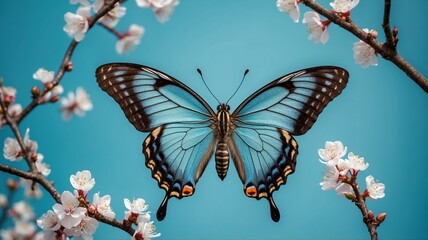 Blue colorful butterfly on white background in studio lighting